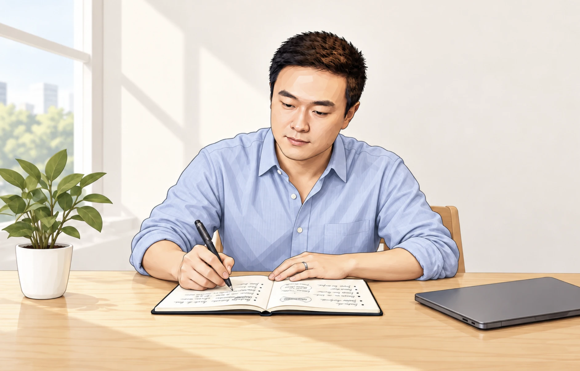 Michael Liu writing at a desk, illustrated